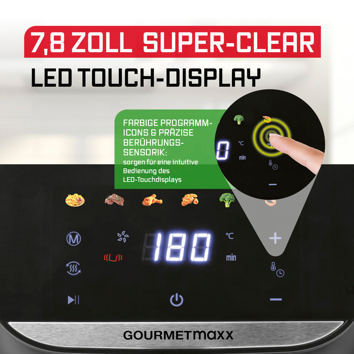 Heißluftfritteuse - 5,5 Liter mit 7,8 Zoll LED-Touchdisplay und farbigen Programm-Icons für einfache Bedienung.