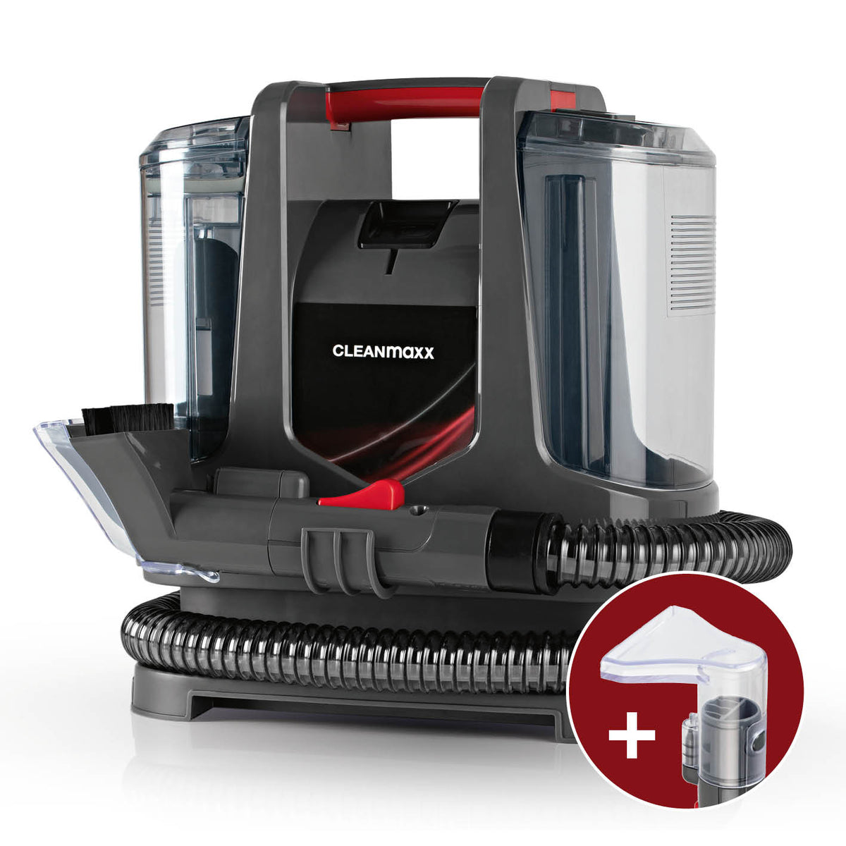 Polster- & Teppichreiniger von CLEANmaxx mit Dual-Tank, 2 Düsen und flexiblem Schlauch für gründliche Fasertiefenreinigung.