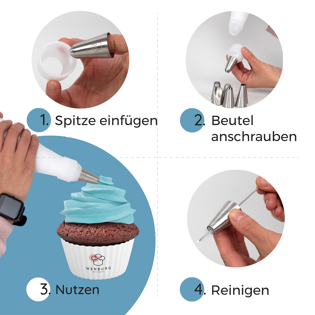 Spritzbeutel-Set - 11 tlg. zeigt Anleitung mit Tüllen, Beutel, Cupcake-Deko und Reinigungsbürste für einfache Kuchengestaltung.