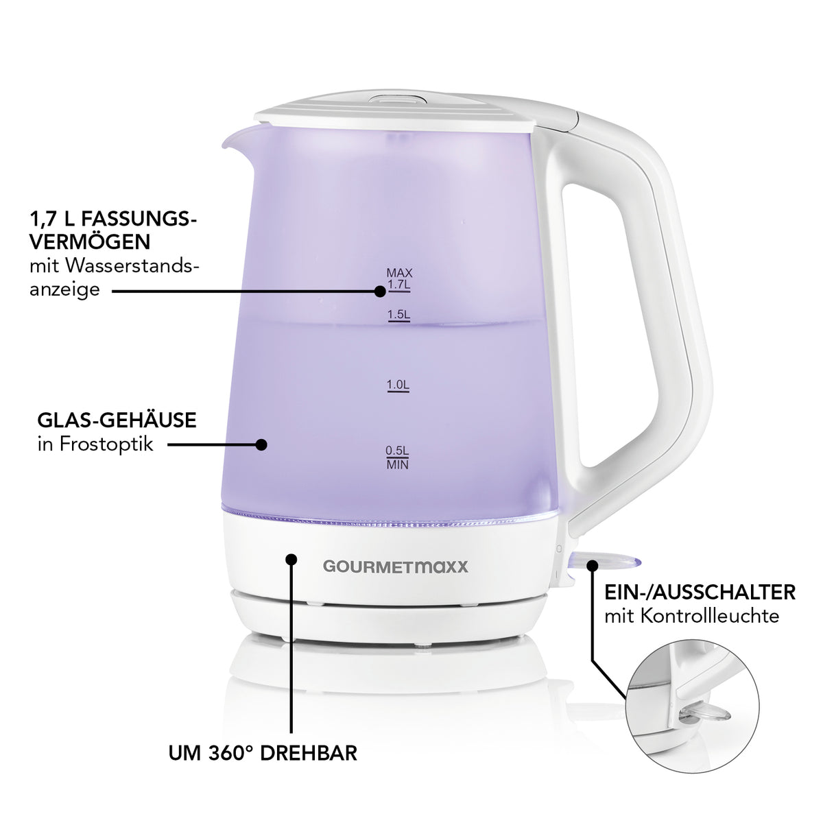 Glas-Wasserkocher mit Frostglas-Design 1,7 Liter Fassungsvermögen, Wasserstandsanzeige, LED-Beleuchtung, kabellos und 360° drehbar.