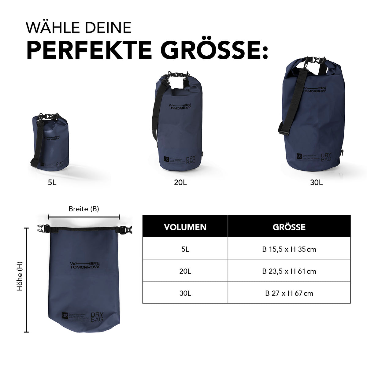 Dry Bag 30L - Style 01 - Dunkelblau, wasserdichter Rucksack mit robustem Rolltop für Outdoor-Abenteuer, verstellbarer Schultergurt.