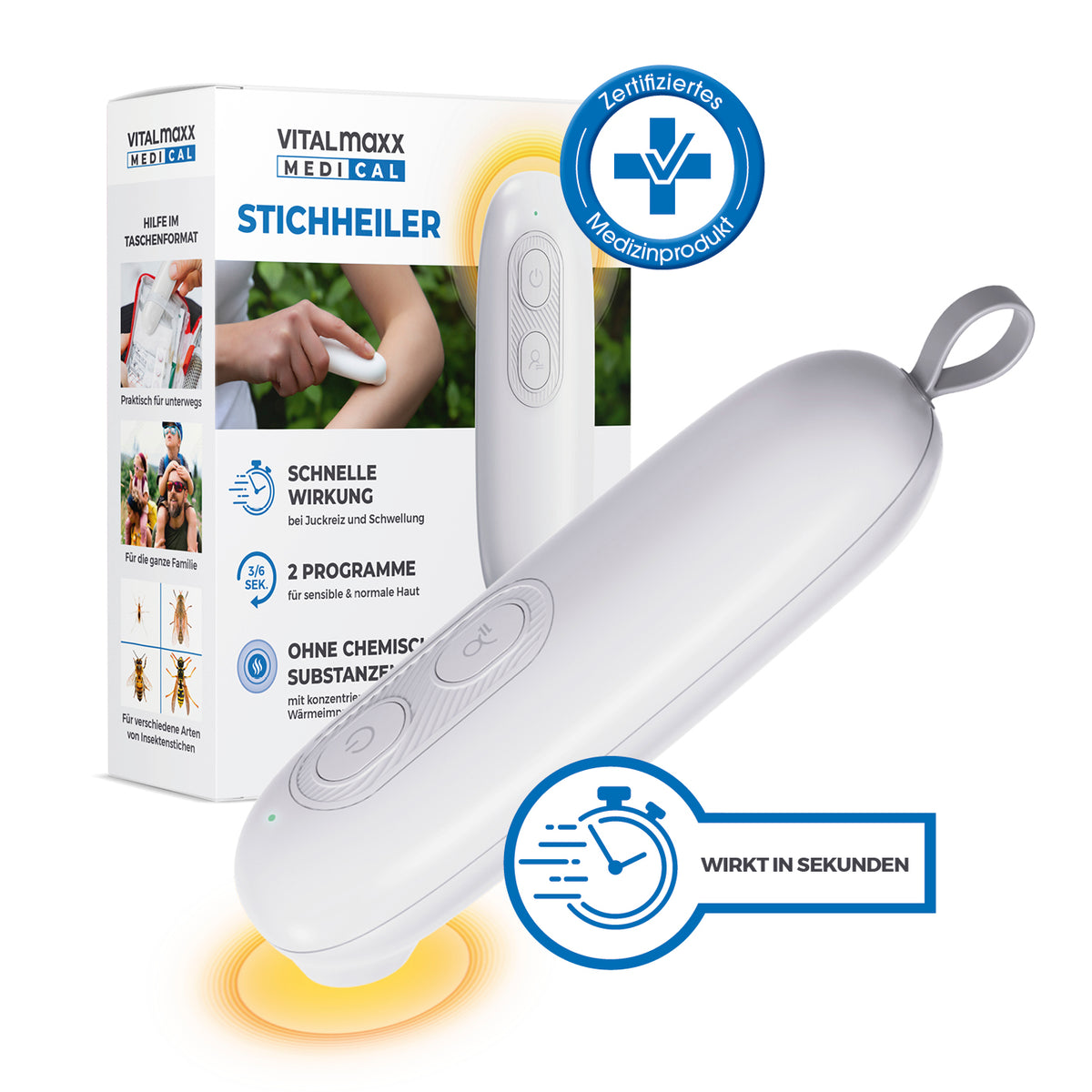 Vitalmaxx Medical Stichheiler zur schnellen Linderung von Juckreiz und Schwellungen bei Mückenstichen, ohne chemische Substanzen.