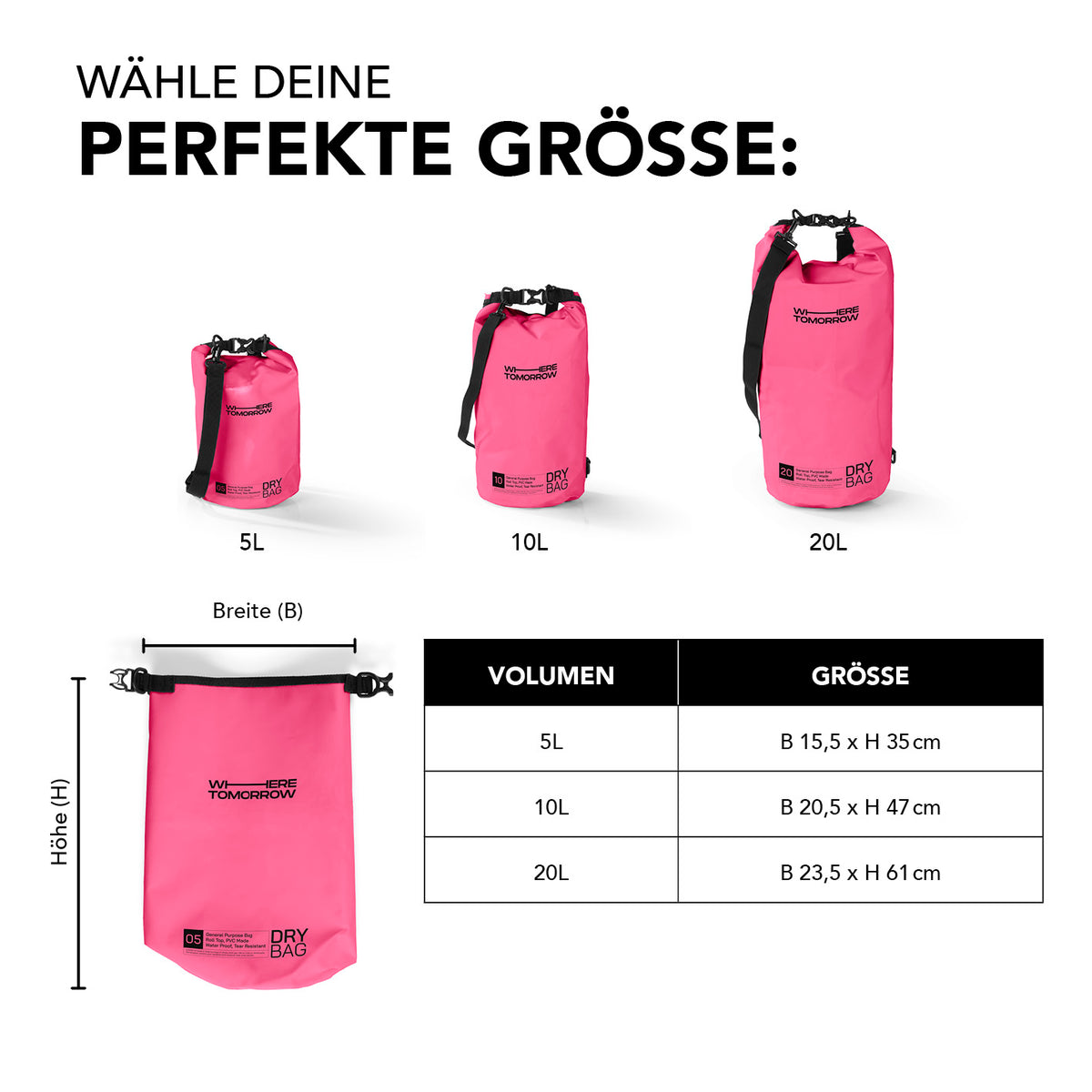 Dry Bag 10L - Style 01 - Pink, wasserdichter Outdoor-Rucksack mit robustem Rolltop, verstellbarem Schultergurt und UV-Schutz.