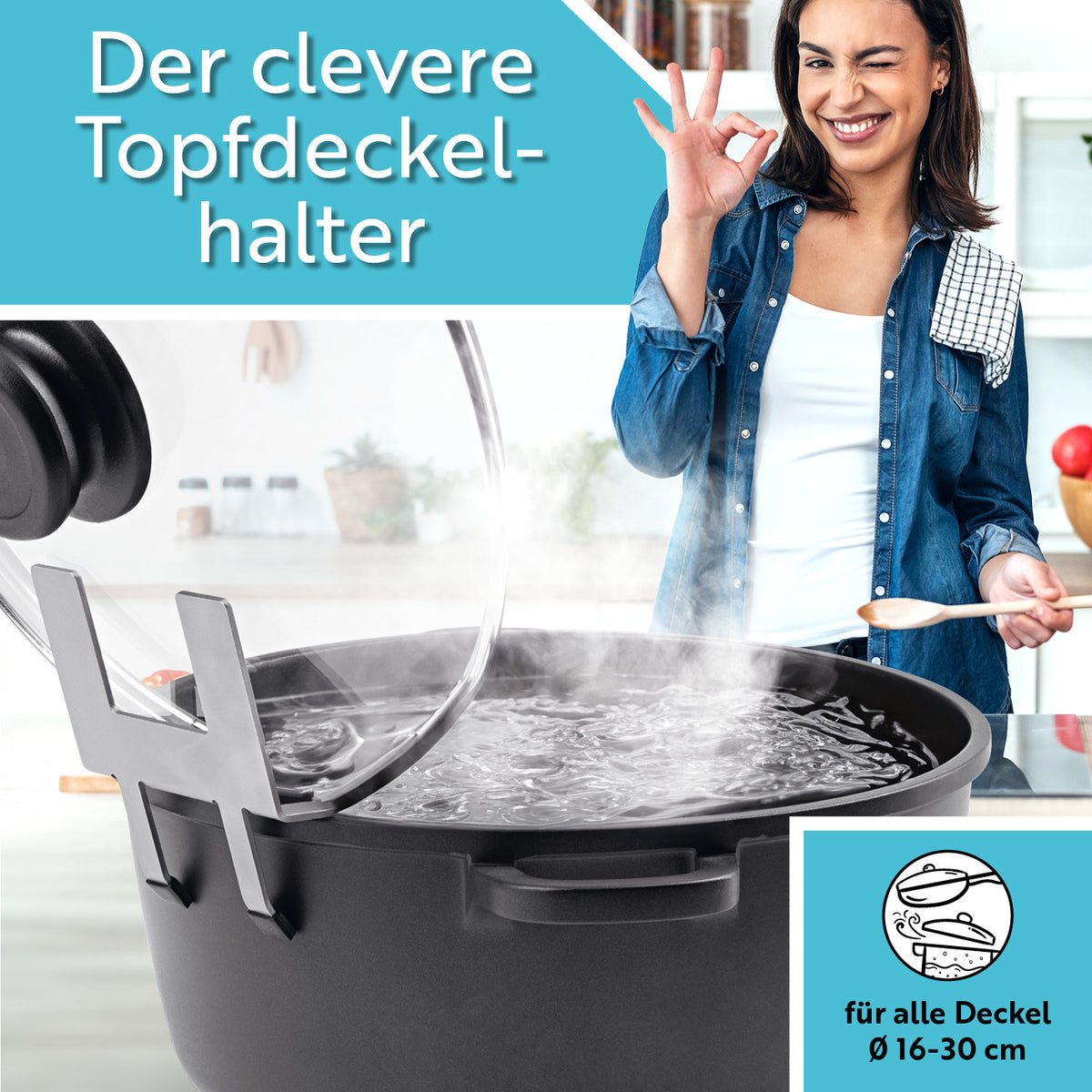 Topfdeckelhalter für Töpfe & Pfannen - 3er-Set hält Deckel sicher an Töpfen und Pfannen von 16-30 cm, mit rutschfesten Silikonfüßen.