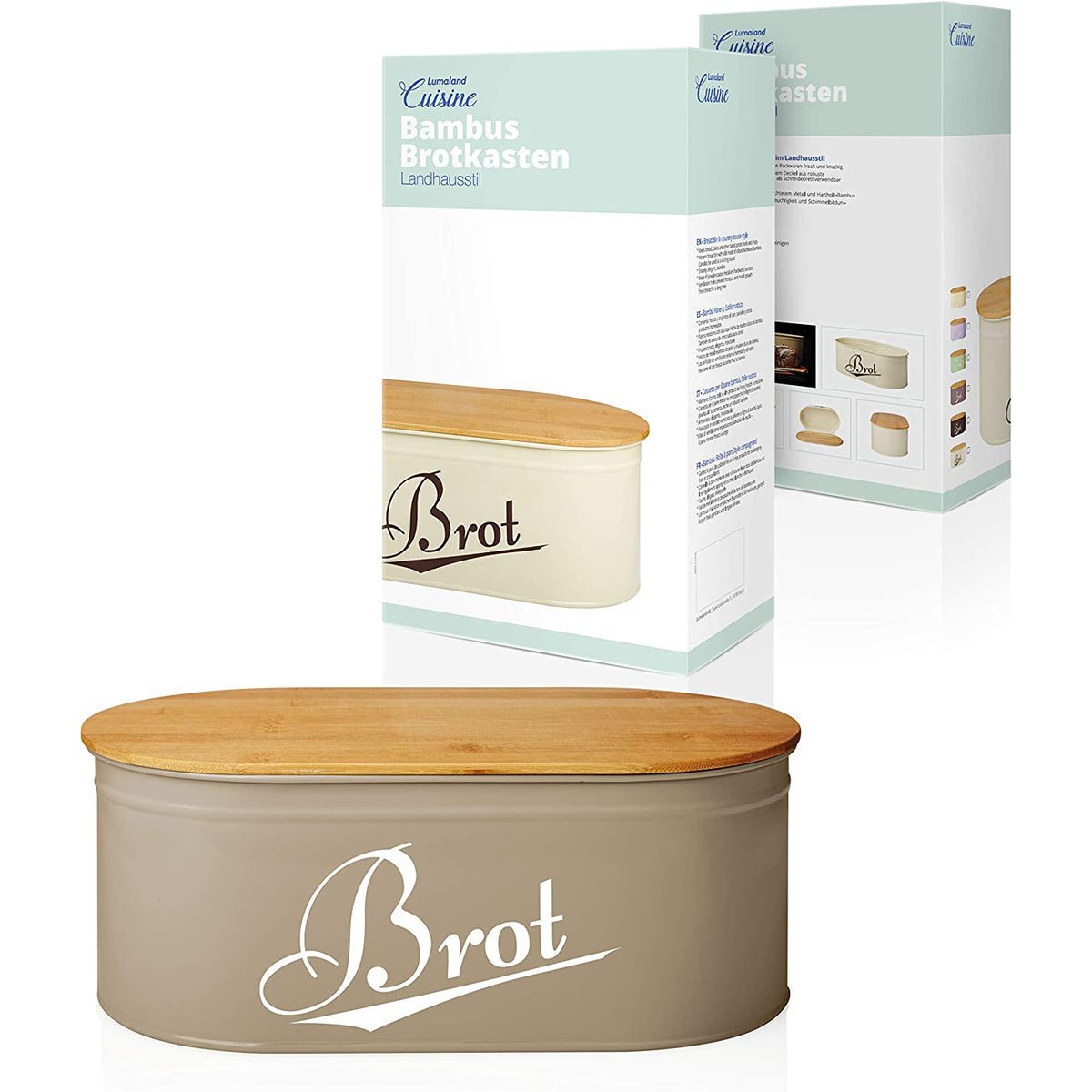 Cuisine Brotkasten aus Metall mit Bambus Deckel - Oval 36 x 20 x 13,8 cm - Grau, stilvoll und platzsparend mit Schneidebrett-Deckel.