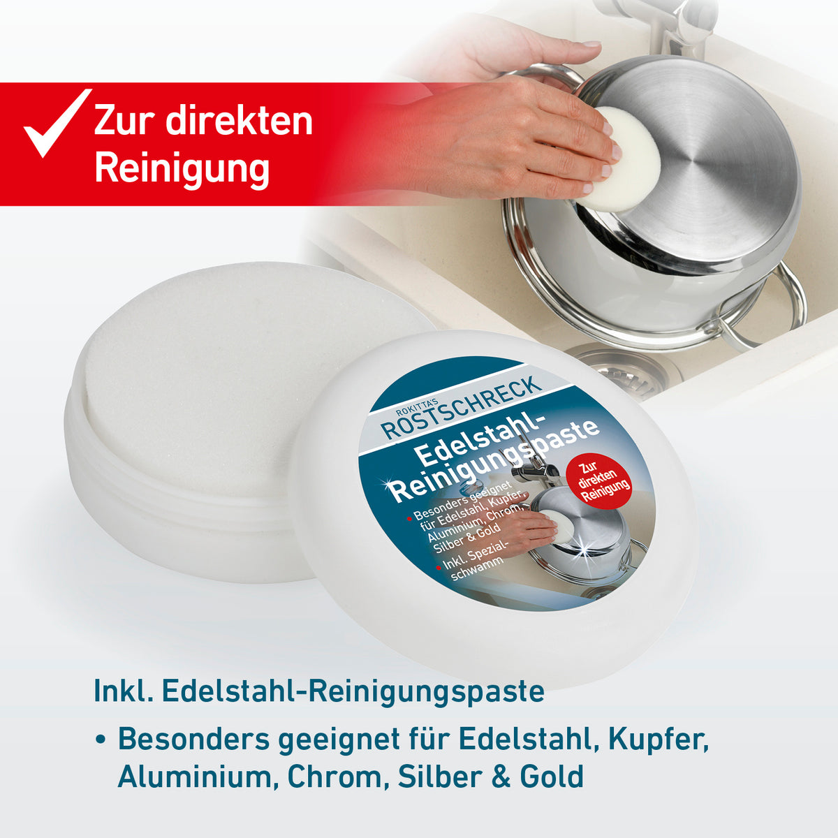 Rostschreck & Edelstahlreiniger Set 2-tlg. mit Reinigungs-Paste für Edelstahl, Kupfer, Aluminium und Silber zur direkten Reinigung.
