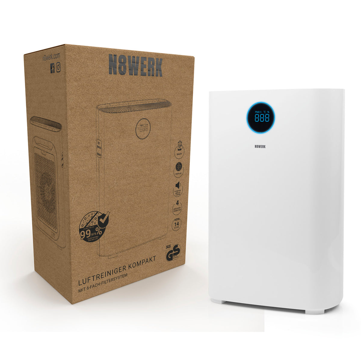 Luftreiniger S - HEPA H14 mit 6-Fach-Filtersystem, Display für PM 2,5 und Wifi-Steuerung, ideal für Allergiker.