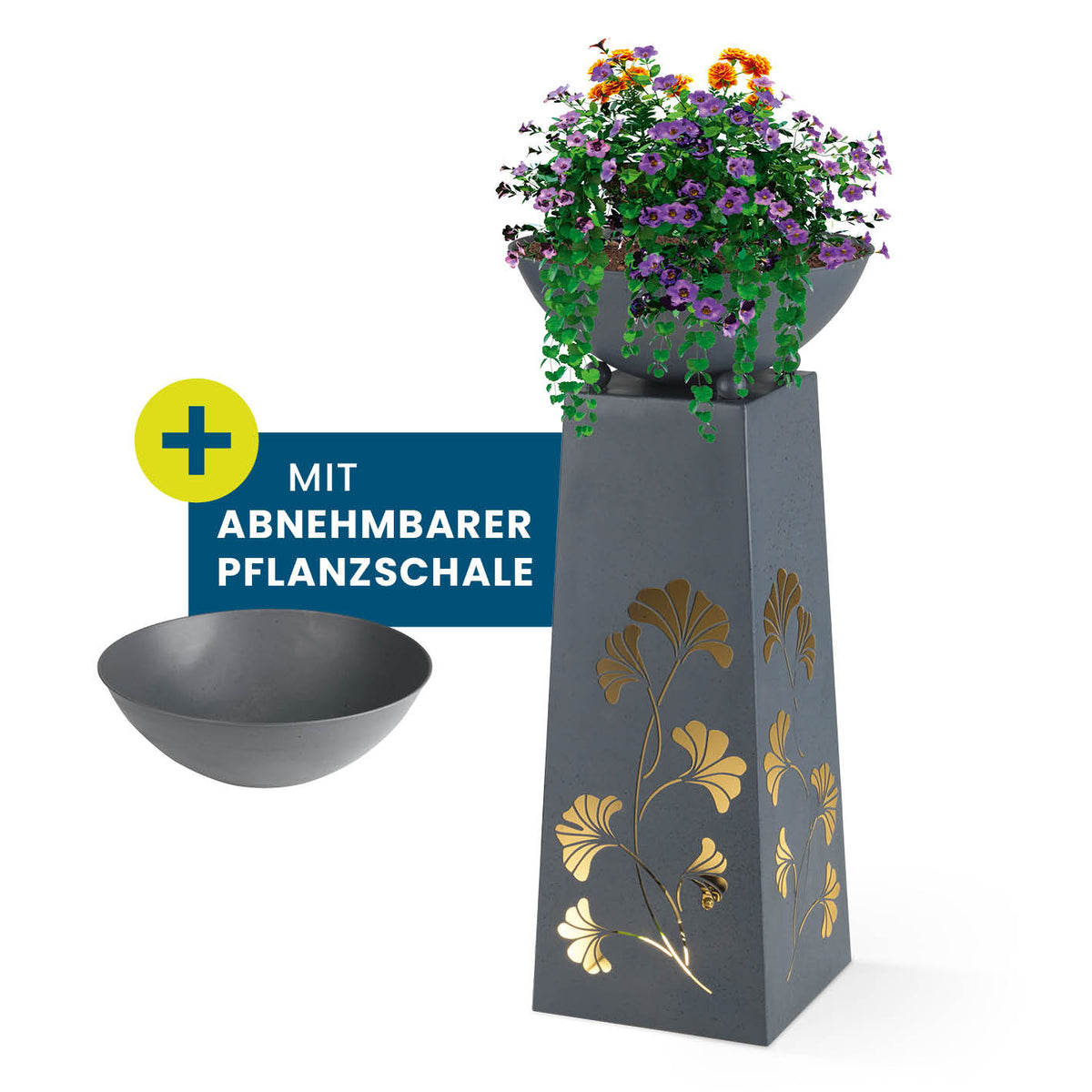 LED Pflanzsäule in Beton-Optik - 23 x 23 x 70 cm mit Gingkoblätter-Design, LED-Beleuchtung und abnehmbarer Pflanzschale
