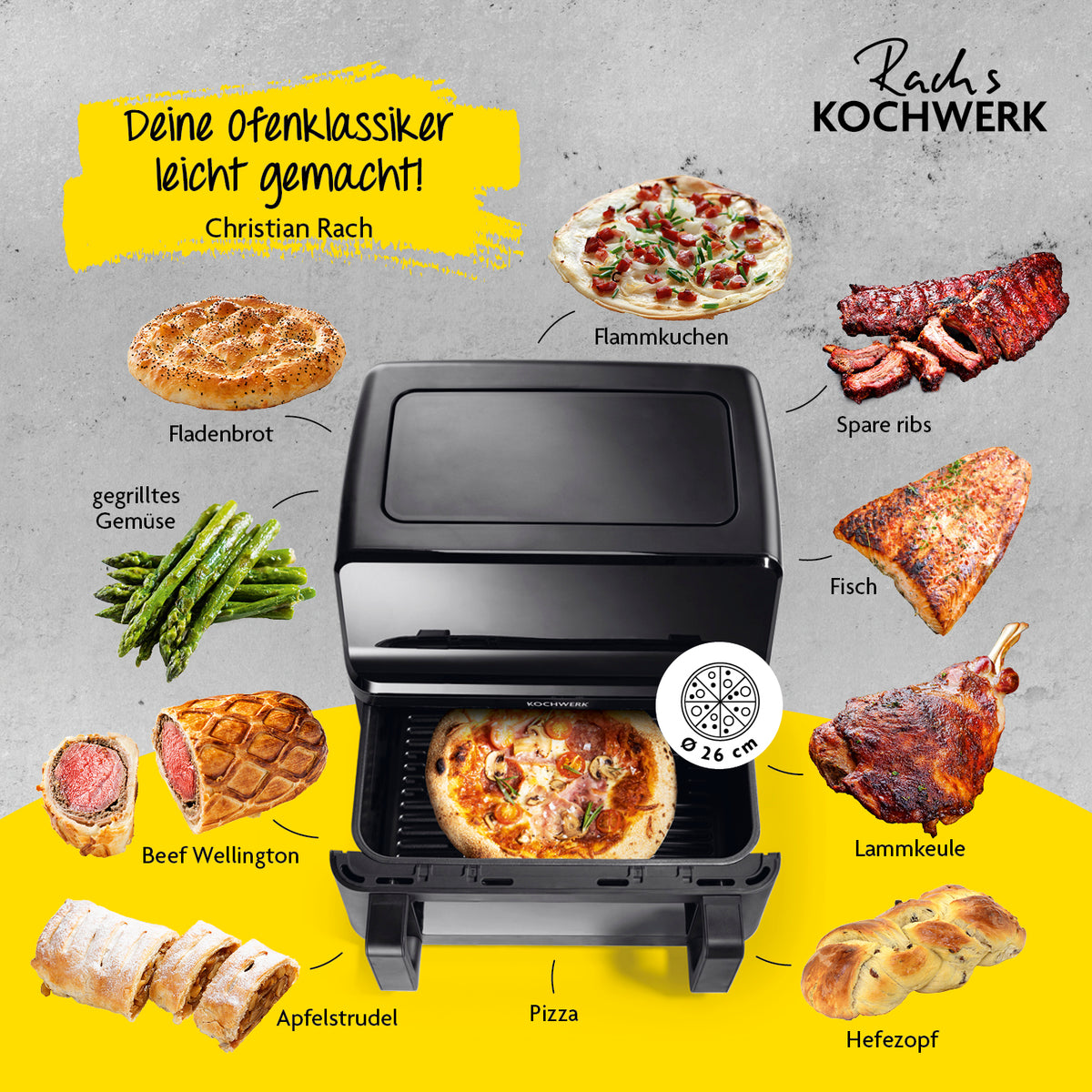 Heißluft-Fritteuse Vario-Doppelkammer 9l zeigt vielseitige Ofenklassiker wie Pizza, Flammkuchen, Spare Ribs und mehr.
