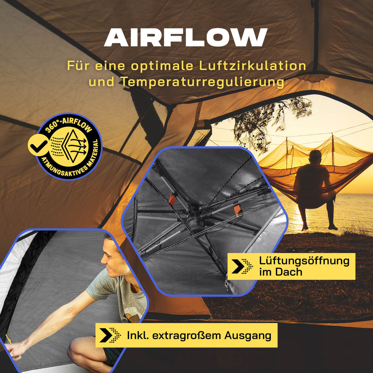 Pop-up-Wurfzelt für 4 Personen mit Kühleffekt - weiß/schwarz für optimale Luftzirkulation und Temperaturregulierung mit Dachlüftung.