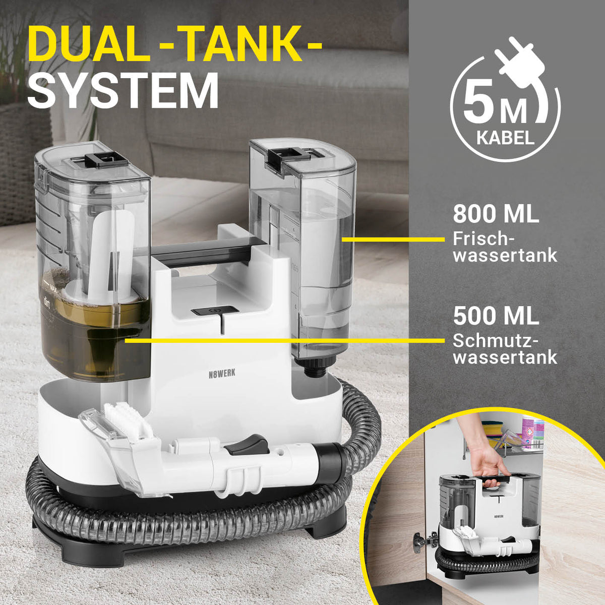 Polster- & Teppichreiniger mit Dual-Tank-System, 800 ml Frischwasser und 500 ml Schmutzwassertank, 5 m Kabel für flexible Reinigung.