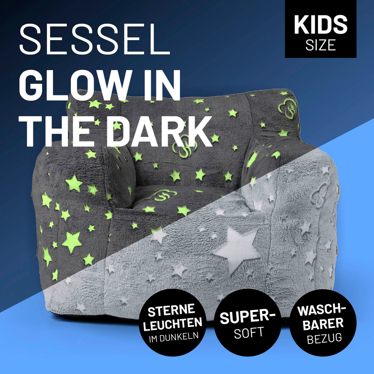 Sessel „Glow in the Dark“ - Grau mit leuchtenden Sternen, weichem Material und praktischem waschbarem Bezug für Kinderzimmer.