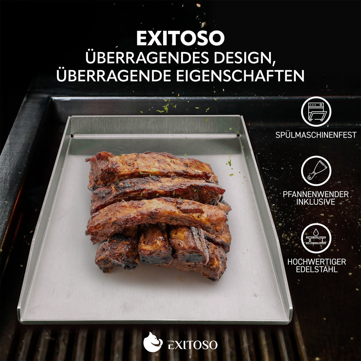 Grillplatte + Grillspachtel - Edelstahl - Universalgröße mit hochwertigem, rostfreiem Edelstahl und Spülmaschinenfestigkeit, inkl. Pfannenwender.