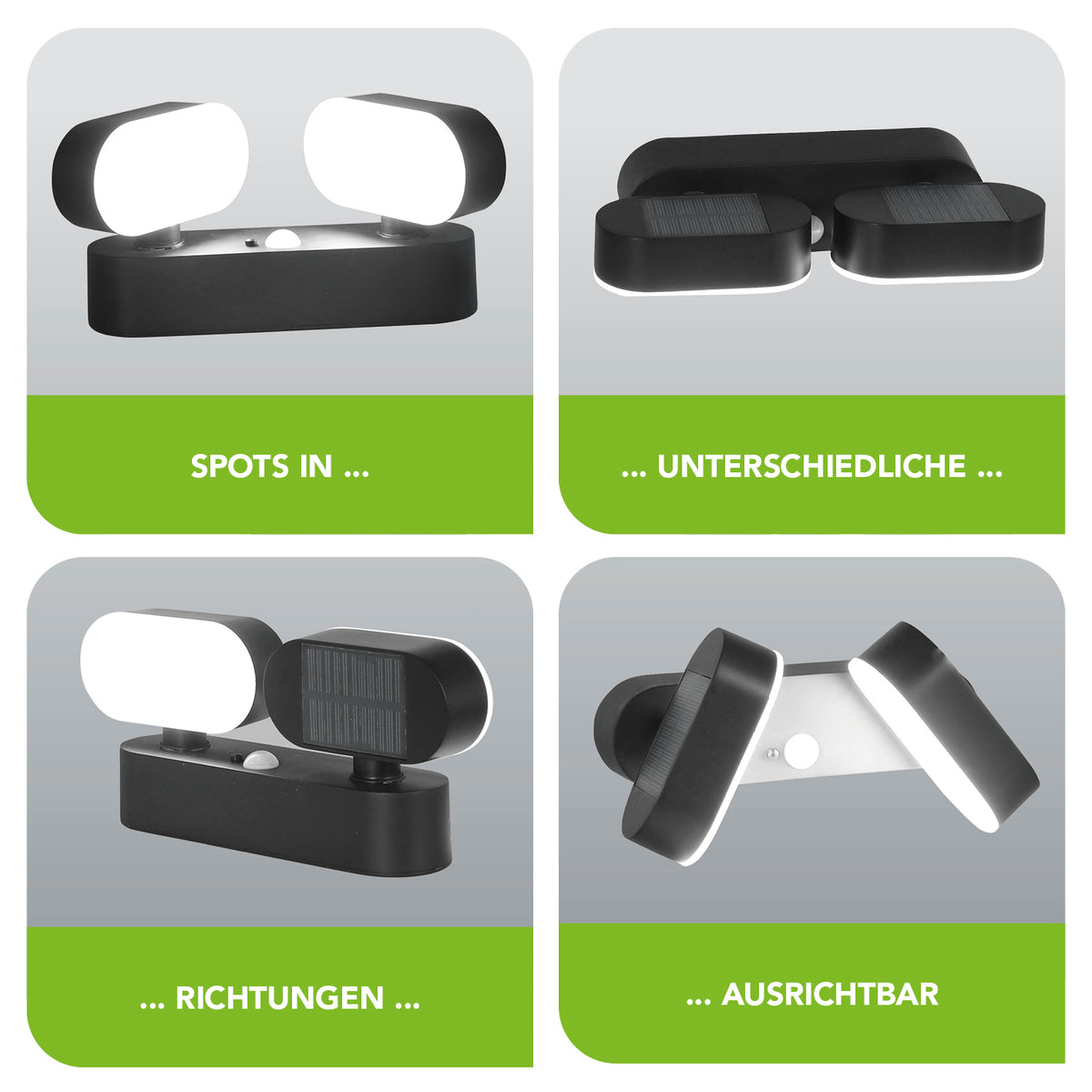 Doppel-Solarstrahler mit Bewegungsmelder - 2er-Set, verstellbare Solar-Wandleuchte mit zwei Spots, spritzwassergeschützt und energiesparend.
