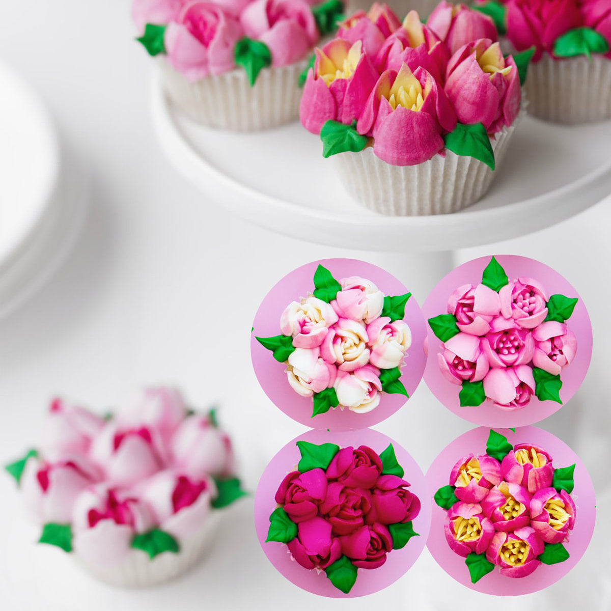 Spritztüllen-Set - 38-teilig mit kreativen Blütenmustern zum Verzieren von Muffins und Kuchen in verschiedenen Farben und Formen.