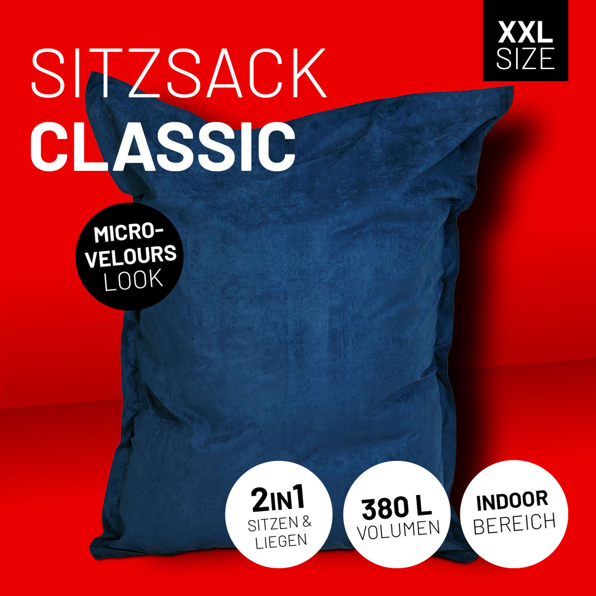 XXL Microvelours Sitzsack (380 L) in Dunkelblau, wasserfest, 2in1 Sitzen & Liegen, ideal für Indoor-Bereich, bequeme Relax-Alternative.