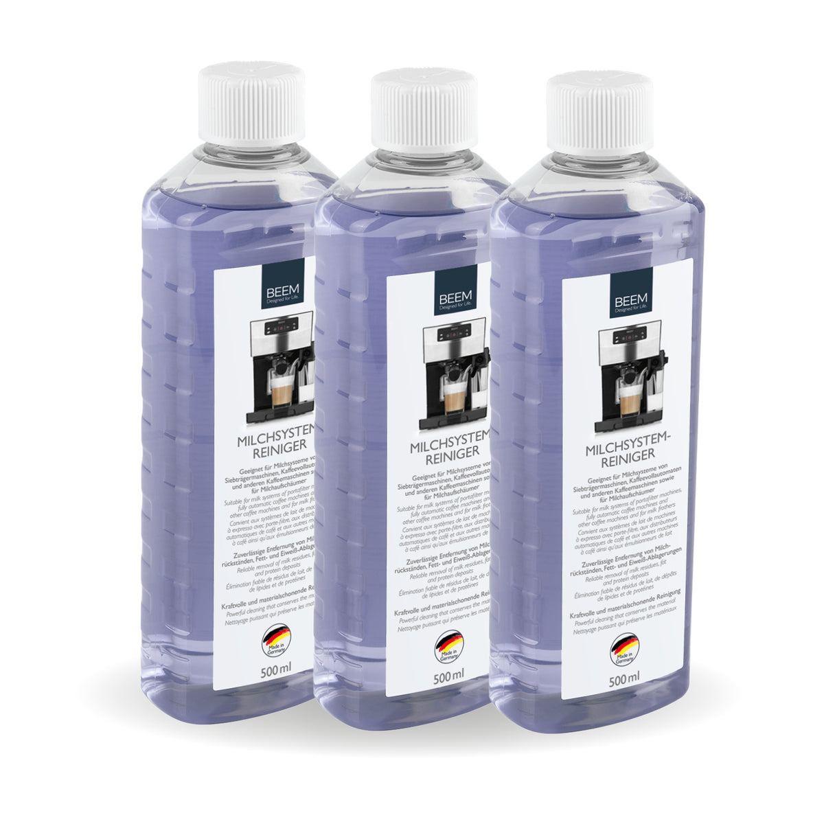 MILCHSYSTEMREINIGER - 3er-Set (3x 500 ml) zur Reinigung von Milchsystemen, wirkt gegen Fett- und Eiweißablagerungen, 100% recycelte Flasche.