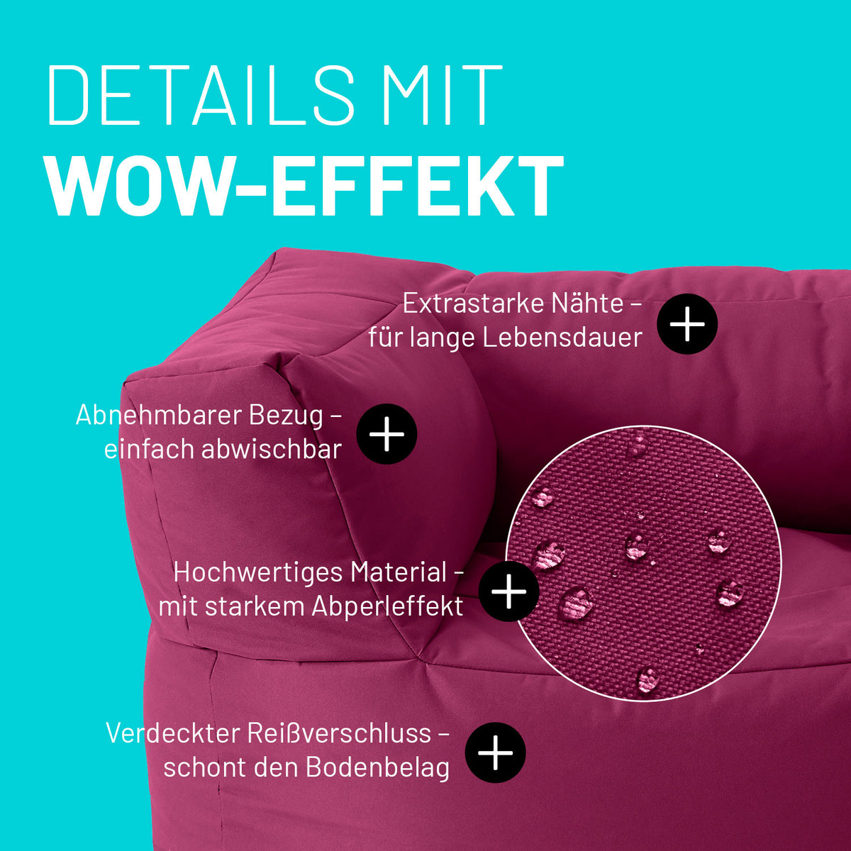 Sitzsack-Sofa Sessel (400 L) - Modulares System - indoor & outdoor - Rotwein mit abnehmbarem, abwischbarem Bezug und extrastarken Nähten.