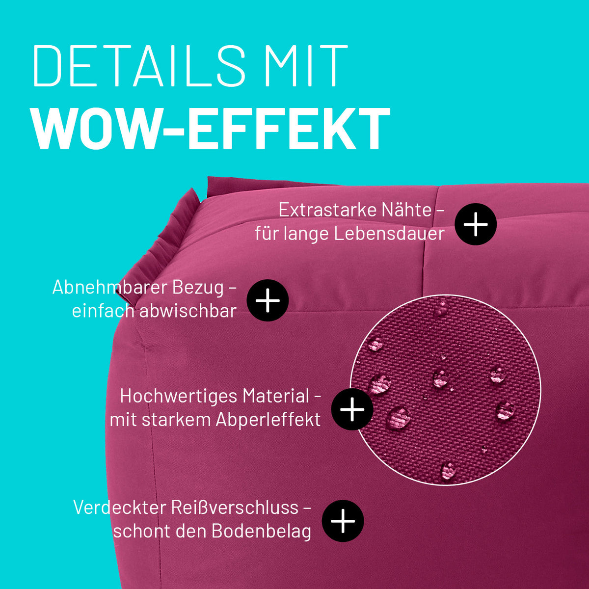 Sitzsack-Hocker (200 L) - Modulares System - indoor & outdoor - Rotwein mit abwischbarem Bezug, starken Nähten und verdecktem Reißverschluss.