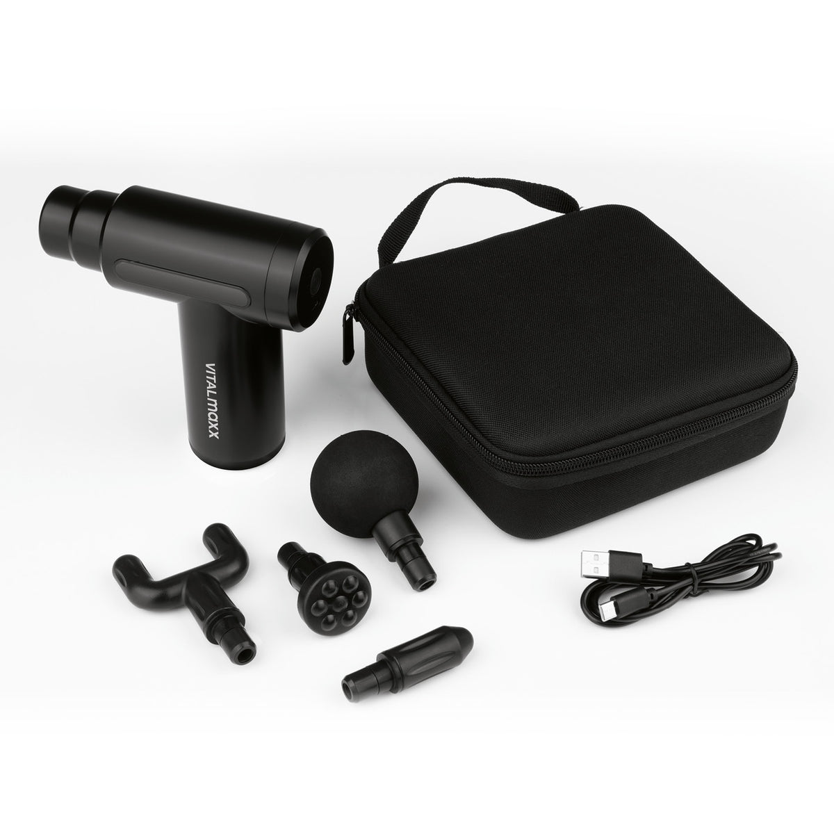 Massage Gun - 4 verschiedene Aufsätze - schwarz mit praktischem Etui, USB-Ladekabel und vier Massageaufsätzen für intensive Muskelentspannung.
