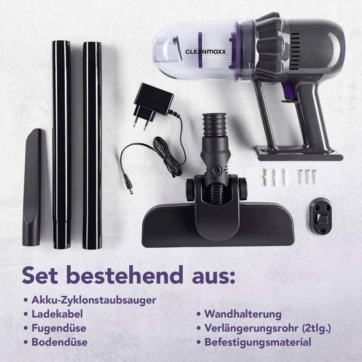 Akku-Staubsauger mit 2in1-Funktion, beutellos, inkl. Verlängerungsrohr, Bodendüse, Fugendüse, Wandhalterung und Ladegerät.