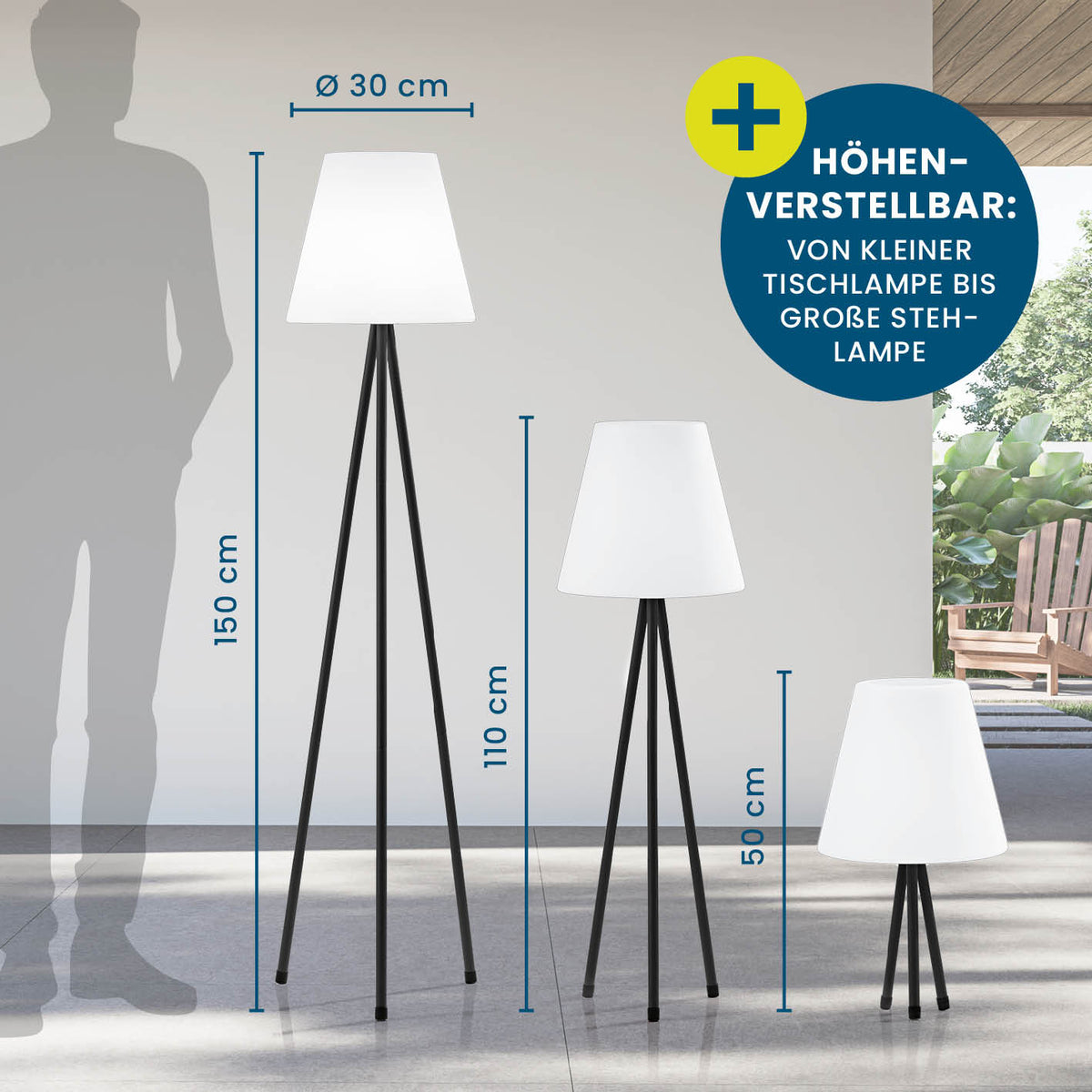Solar-Stehlampe mit höhenverstellbarem Design, kabellos, LED-Beleuchtung, 3 einstellbare Höhen von 50 bis 150 cm, warmweißes Licht.