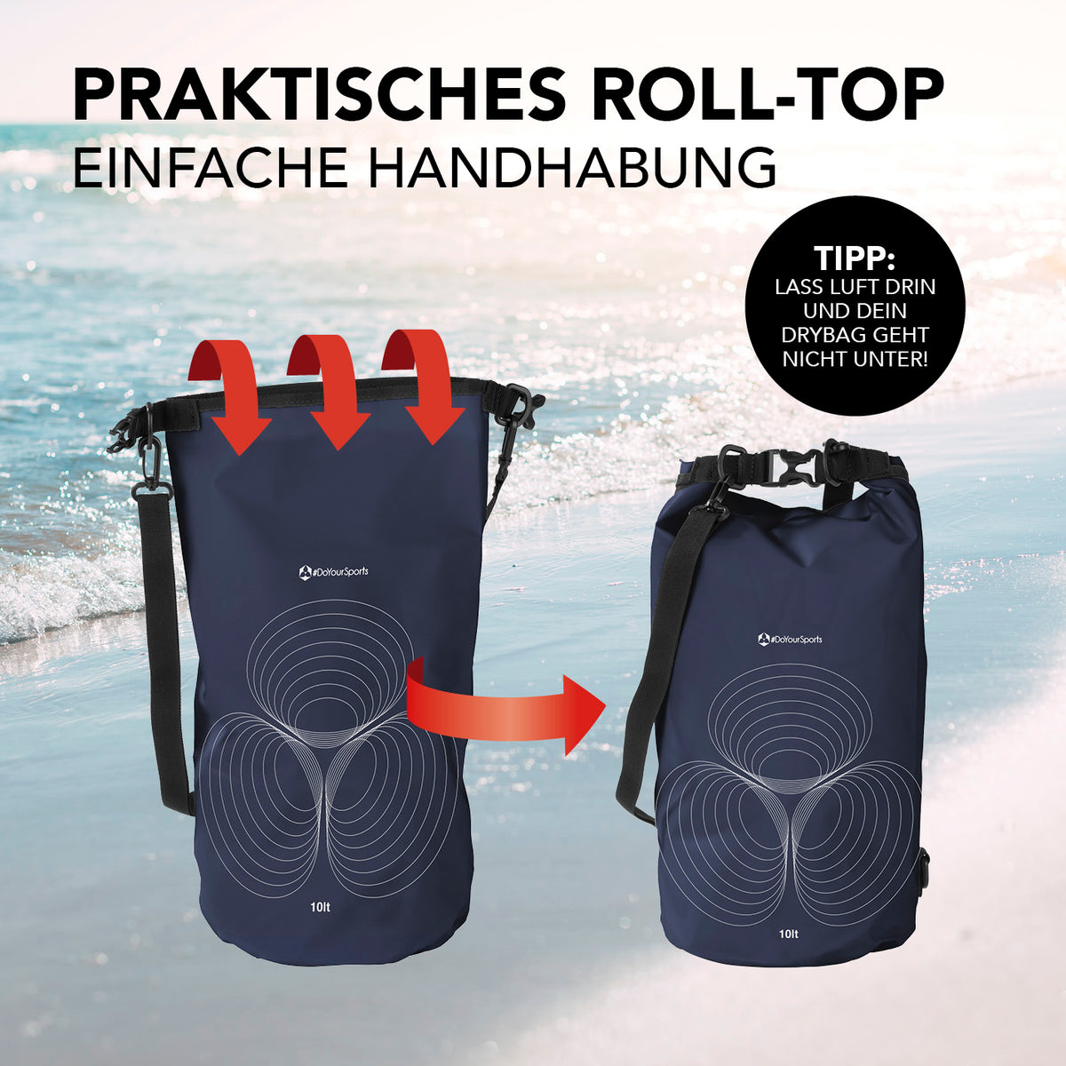 Dry Bag 10L - Dunkelblau mit wasserdichtem Rolltop-Verschluss und verstellbarem Schultergurt für Outdoor-Abenteuer.