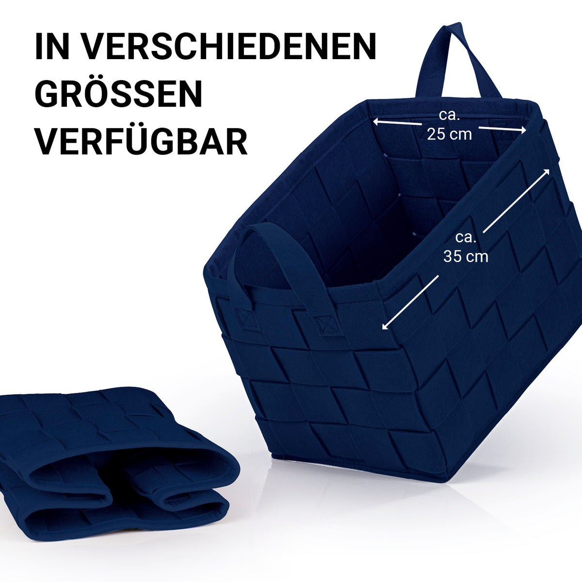 Filz-Aufbewahrungstasche M - 35 x 25 x 25 cm - Dunkelblau, faltbar, mit Tragegriffen, strapazierfähig, ideal für Scandi Style und platzsparende Aufbewahrung.