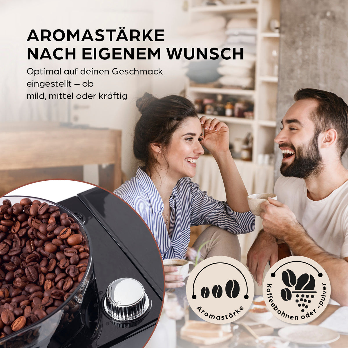 Filterkaffeemaschine Grind mit Aromastärkeregler, Mahlwerk für Kaffeebohnen oder Pulver und LED-Touchdisplay für individuellen Kaffeegenuss.