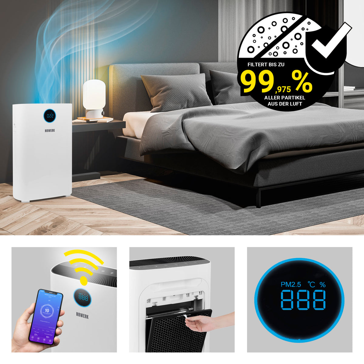 Luftreiniger L - HEPA H14 mit 6-fach-Filtersystem, PM2,5 Anzeige, Wifi-Steuerung und 99,975 % Filterleistung für Allergiker.