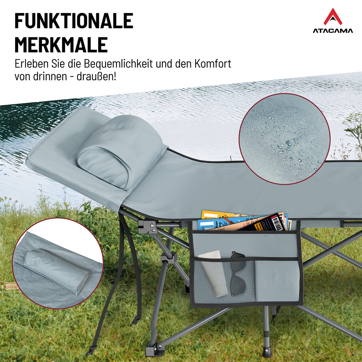 Campingbett mit Matratze - 190 x 68 x 38 cm, klappbar, mit Seitentasche, wasserdichtem Bezug und rostfreiem Stahlrahmen.