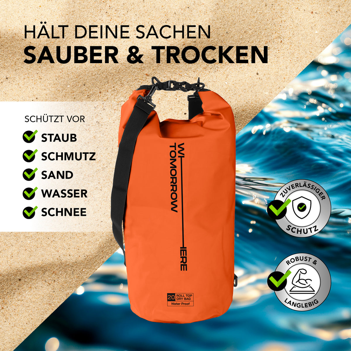 Dry Bag 20L - Style 02 - Orange, wasserdichter, robuster Outdoor-Rucksack mit Rolltop-Verschluss für sicheren Schutz vor Wasser, Sand und Schmutz.