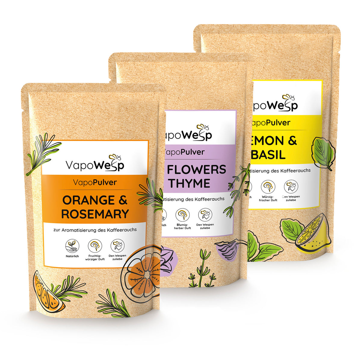 Pulver-Set Orange & Rosemary (100 g) + Lemon Basil (100 g) + Hay Flowers & Thyme (100 g) für aromatischen Kaffeerauch.