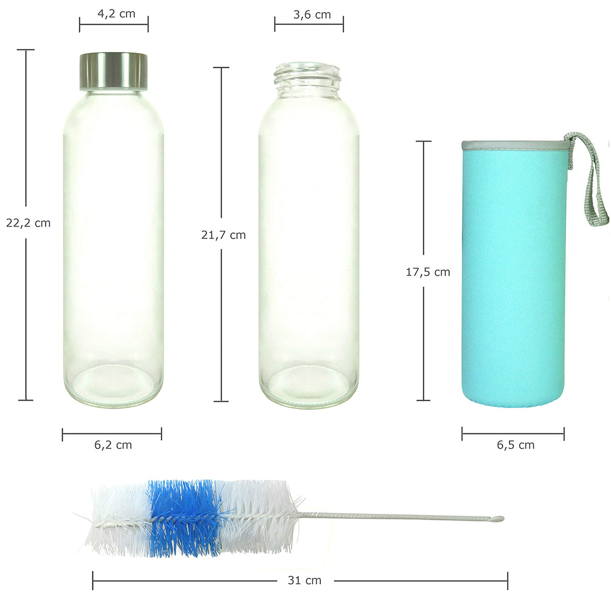 Glasflaschen 500 ml, 6er-Set + Flaschenbürste aus robustem Kalknatronglas mit Edelstahl-Deckel und Neopren-Etui in verschiedenen Farben.