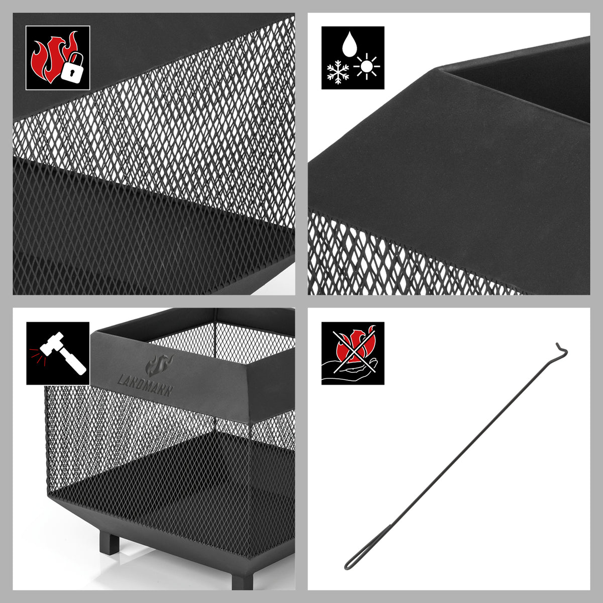 Feuerkorb Cube aus pulverbeschichtetem Stahl mit Netzoptik, vier stabilen Beinen und inkl. Schürhaken für sicheren Funkenschutz.