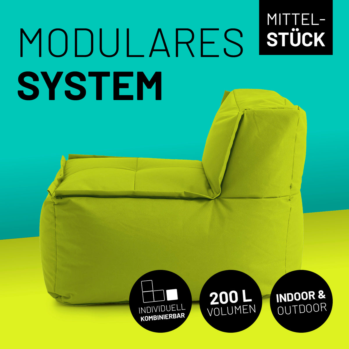 Sitzsack-Sofa Mittelstück (200 L) apfelgrün, modulares System, indoor & outdoor, extrastark, pflegeleicht mit verdeckten Reißverschlüssen.
