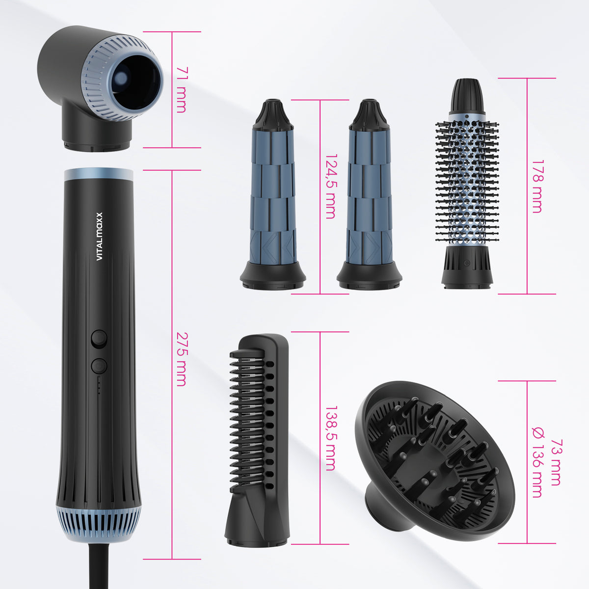 Air Styler Plus - 7-tlg. Set mit 6 Aufsätzen für vielseitiges Trocknen, Stylen, Locken kreieren und Volumen, kompakt und leistungsstark.