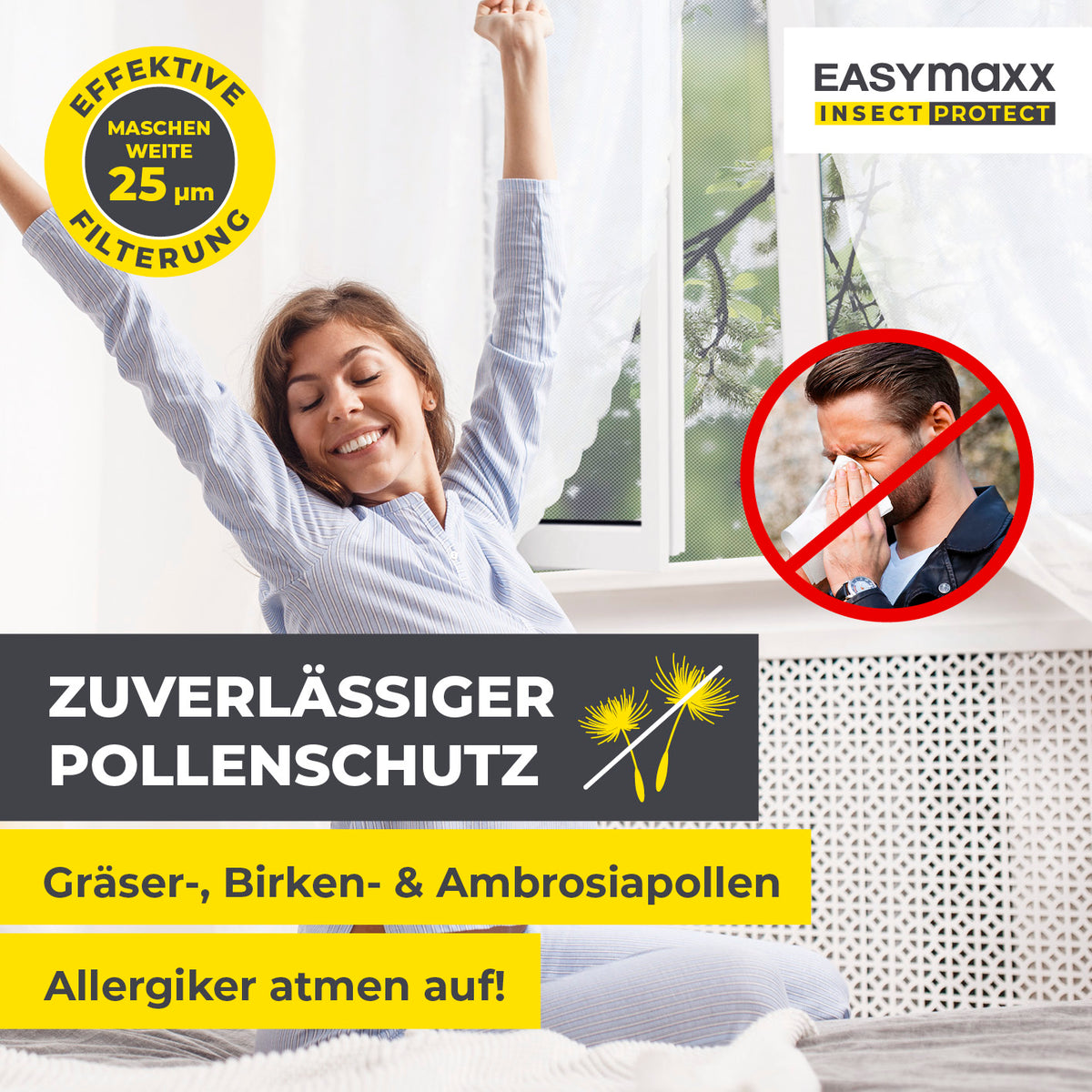 Insekten- & Pollenschutzgitter mit Magnetbefestigung - 4er-Set, 110x130cm, Schwarz, zuverlässiger Schutz gegen Pollen und Insekten.