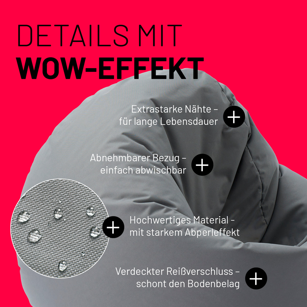 Sitzsack Drops (300 L) Grau mit extrastarken Nähten, abnehmbarem Bezug, Abperleffekt und verdecktem Reißverschluss für indoor & outdoor.