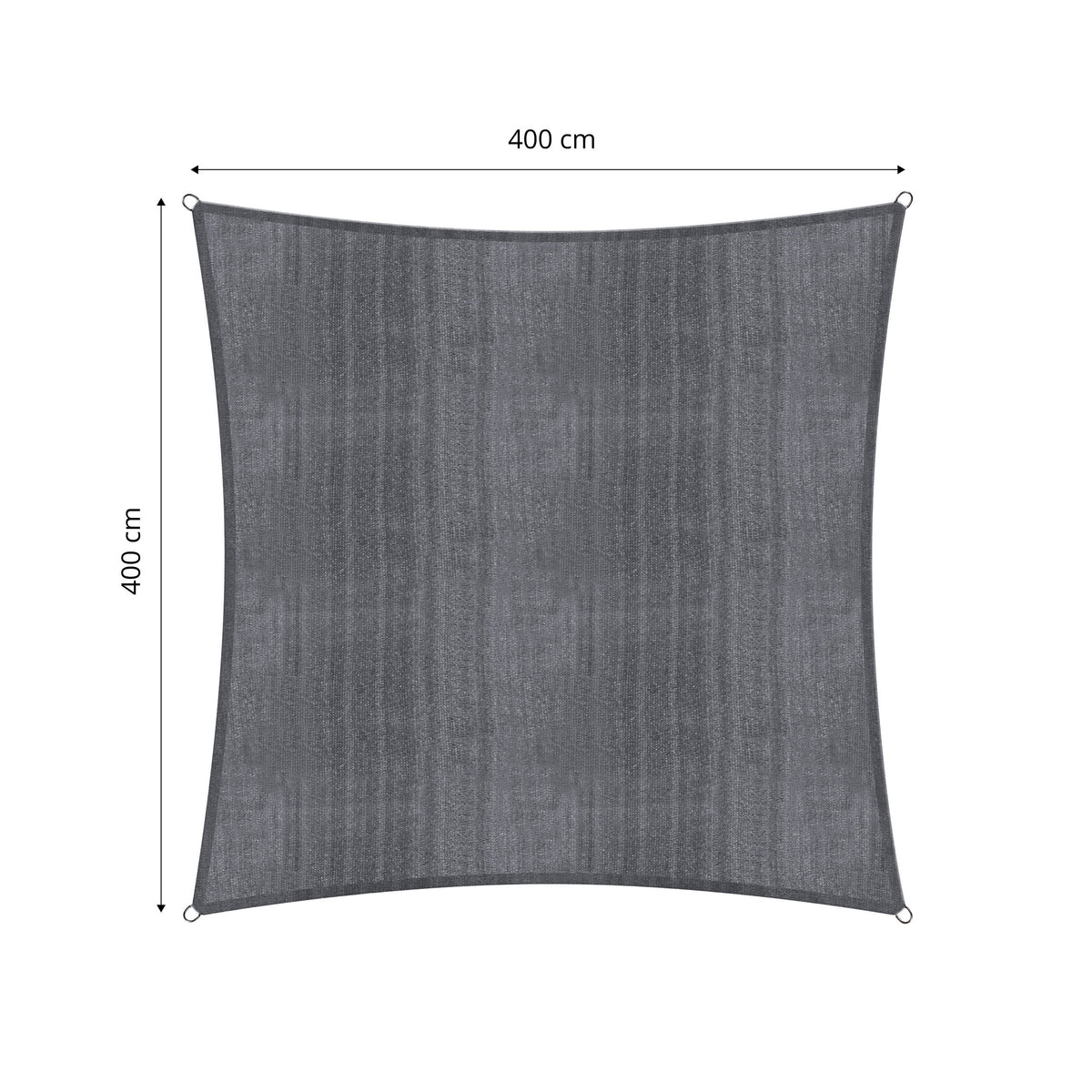 Sonnensegel 100% HDPE mit Stabilisator, Quadrat 4x4 Meter, Dunkelgrau, mit Eckringen für sicheren UV-Schutz und stabile Befestigung.