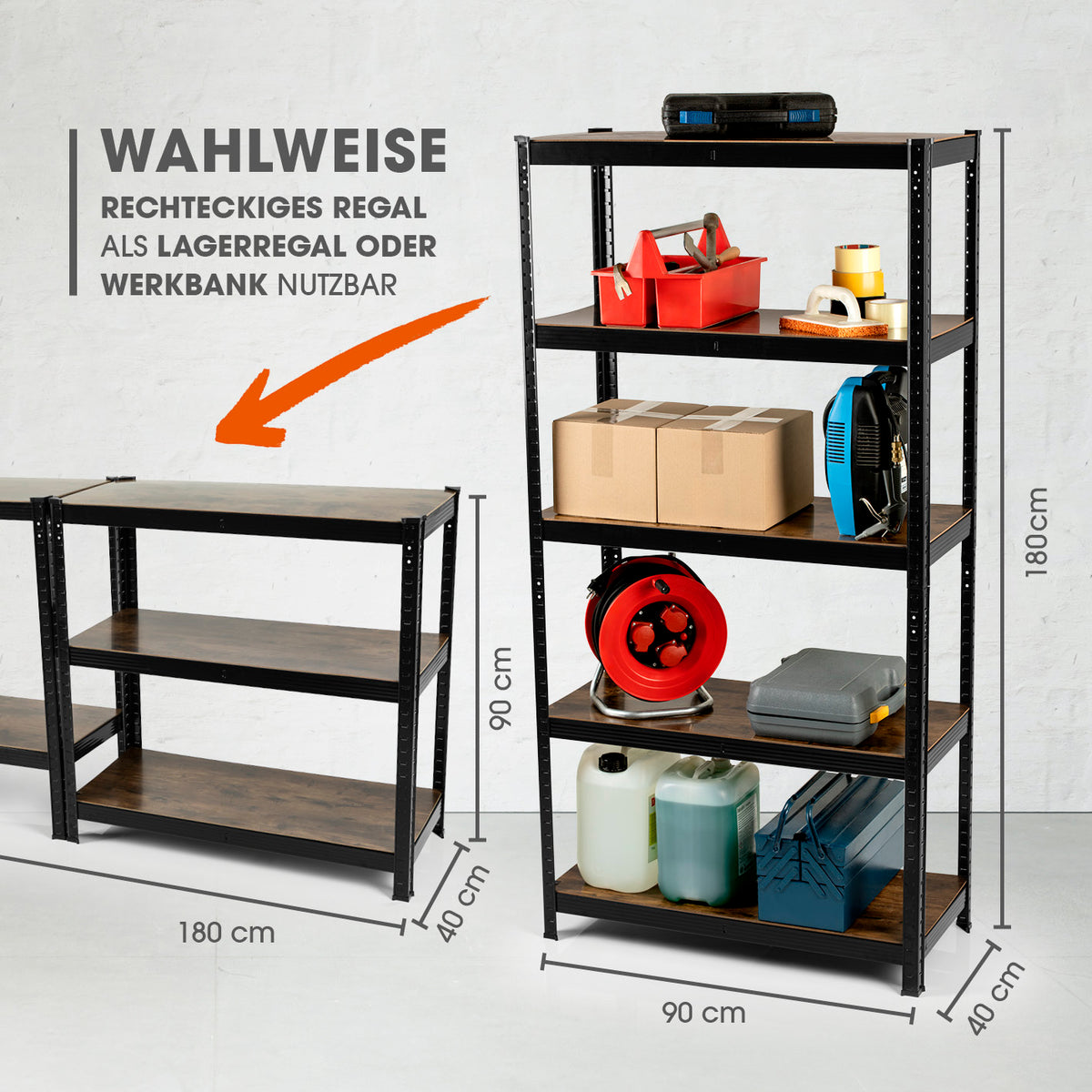 2 in 1 Schwerlastregal & Werkbank - 2er-Set - 180 x 90 x 40 cm - Holzoptik in zwei Aufbaustilen als Regal oder Werkbank.