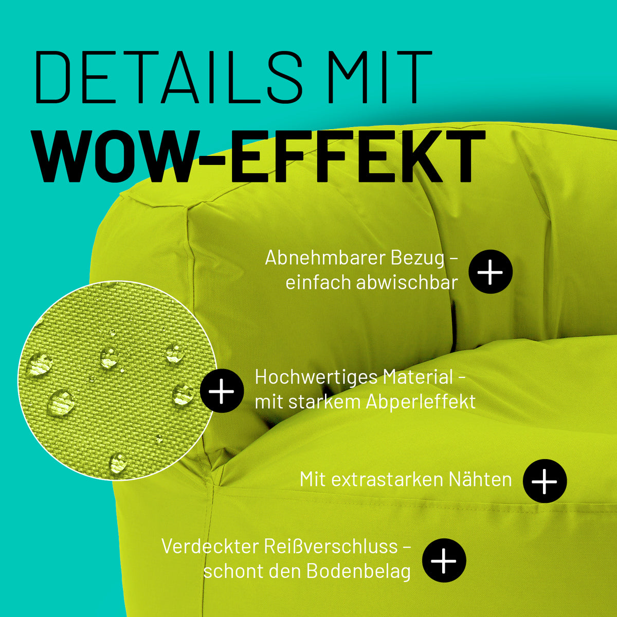 Sitzsack Lounge (320 L) Apfelgrün mit abnehmbarem Bezug, starkem Abperleffekt, extrastarken Nähten und verdecktem Reißverschluss.