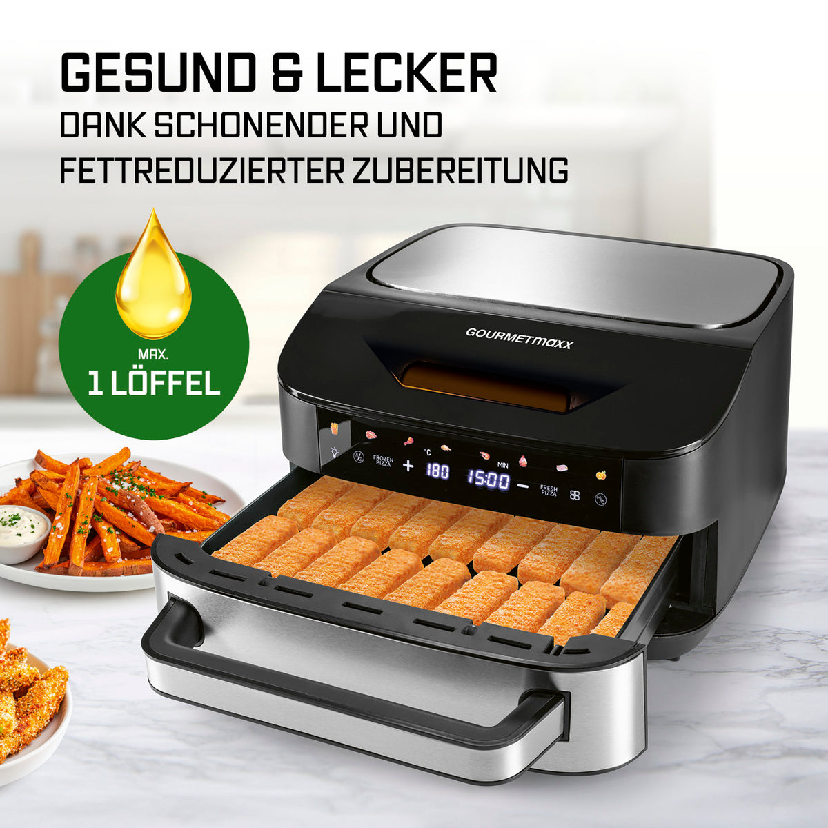 Heißluftfritteuse mit XXL-Garfläche - 7 Liter mit 10 Zoll LED-Touchscreen, 360°-Luftstrom und fettarmer Zubereitung.