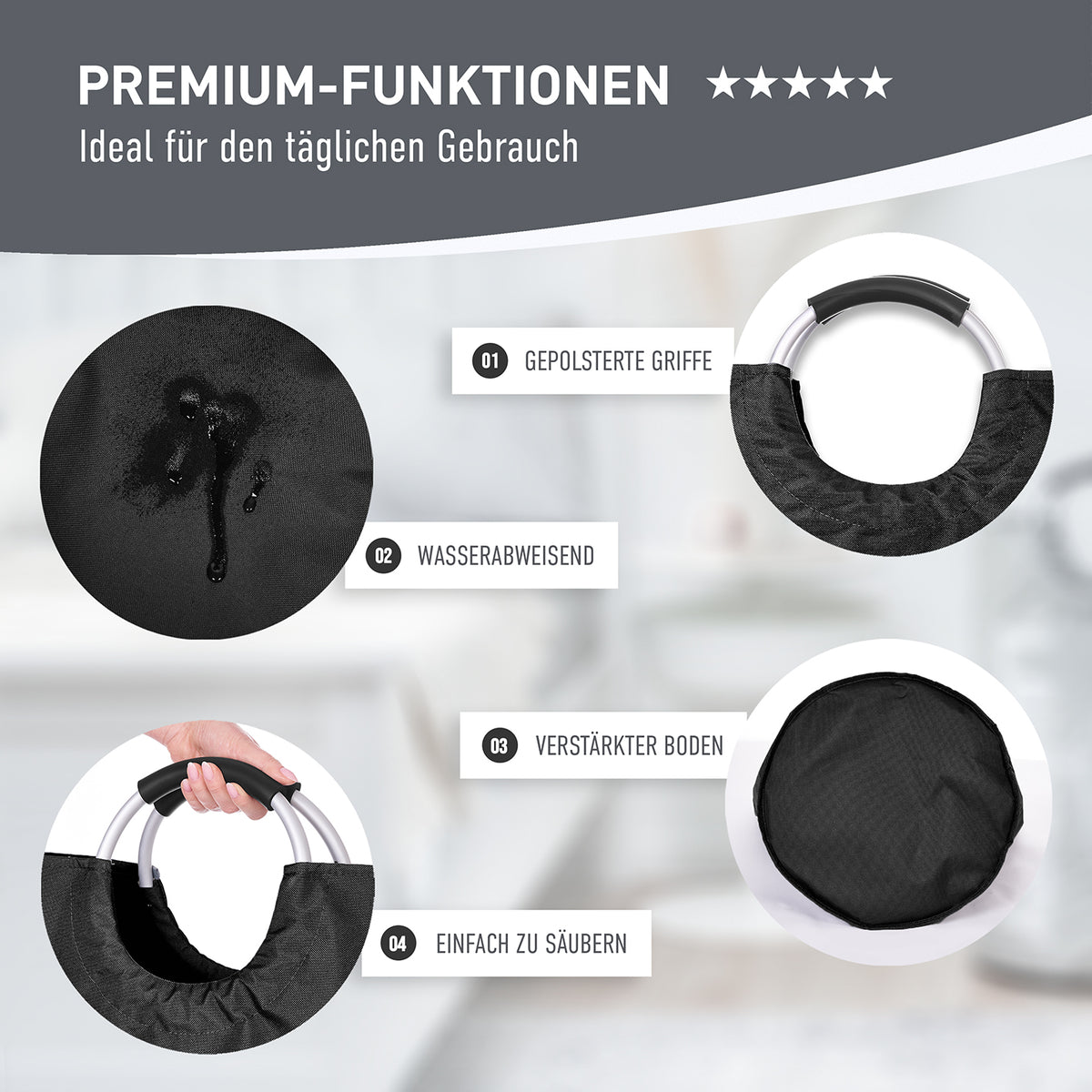 Faltbarer Pfandflaschen Sammelbehälter - Grau mit wasserabweisendem Polyester, gepolsterten Griffen und verstärktem Boden.