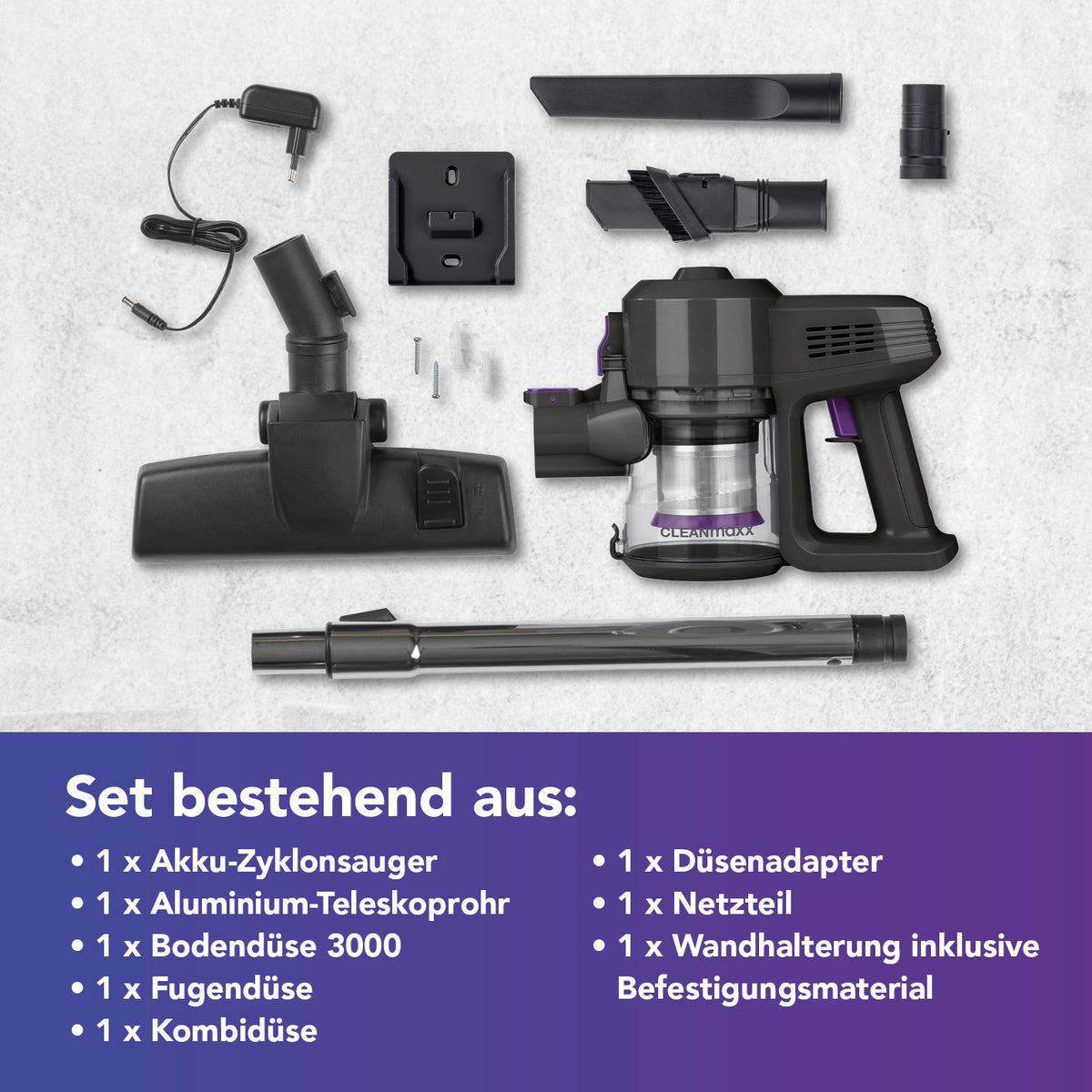 Akku-Zyklonstaubsauger Set mit Handsauger, Verlängerungsrohr, Bodendüse, Fugendüse, Kombidüse, Netzteil und Wandhalterung.