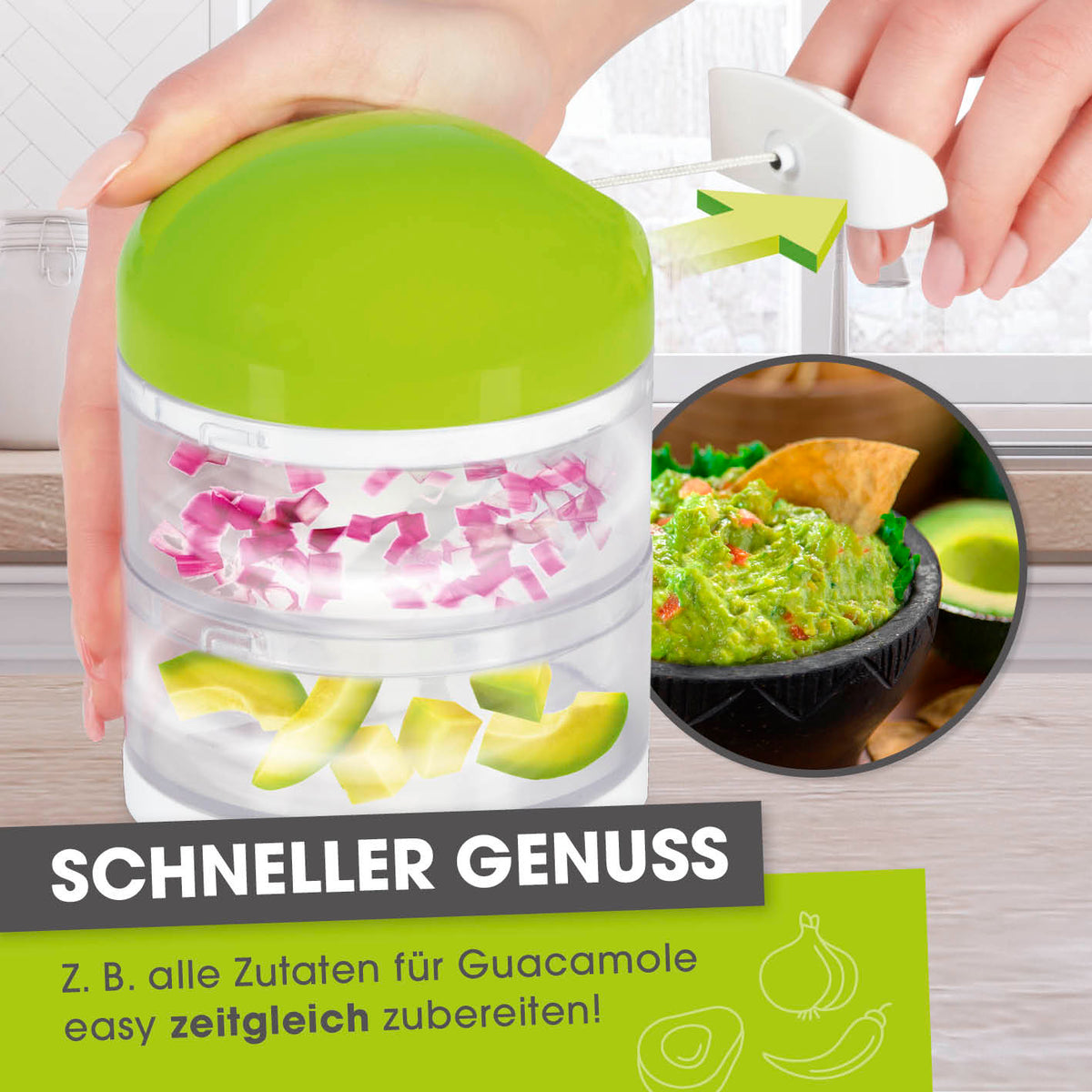 Multi-Zerkleinerer mit praktischem Zugmechanismus & 2 getrennten Behältern zum gleichzeitigen Zerkleinern verschiedener Zutaten.