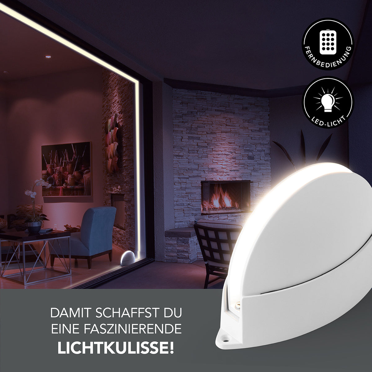 LED-Rahmen-Projektor - weiß erzeugt warmweißen Lichtrahmen mit 8 Leuchtmodi, steuerbar per Fernbedienung, ideal für Innenräume und Wände.