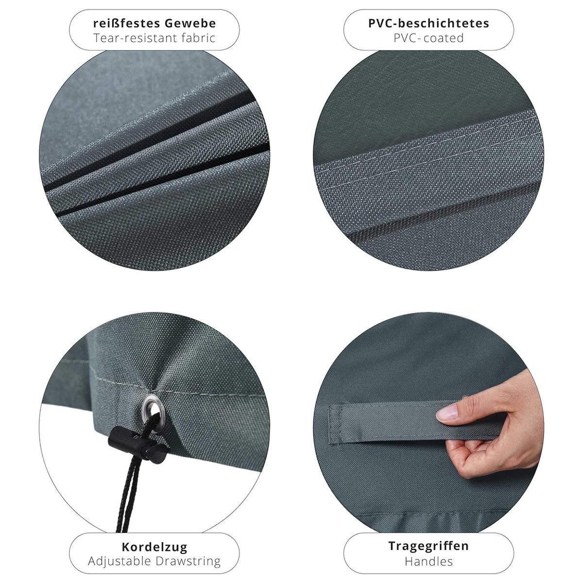 Abdeckung für gestapelte Patio Stühle - 85 x 65 x 80/119 cm - Grün/Grau aus reißfestem, PVC-beschichtetem Gewebe mit Kordelzug und Tragegriffen.