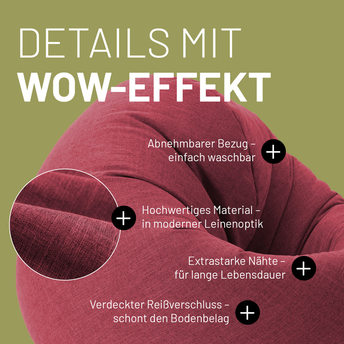 Sitzsack Interior Line (300 L) - indoor - Rot mit hochwertigem, leinenartigem Material, abnehmbarem Bezug und extrastarken Nähten.