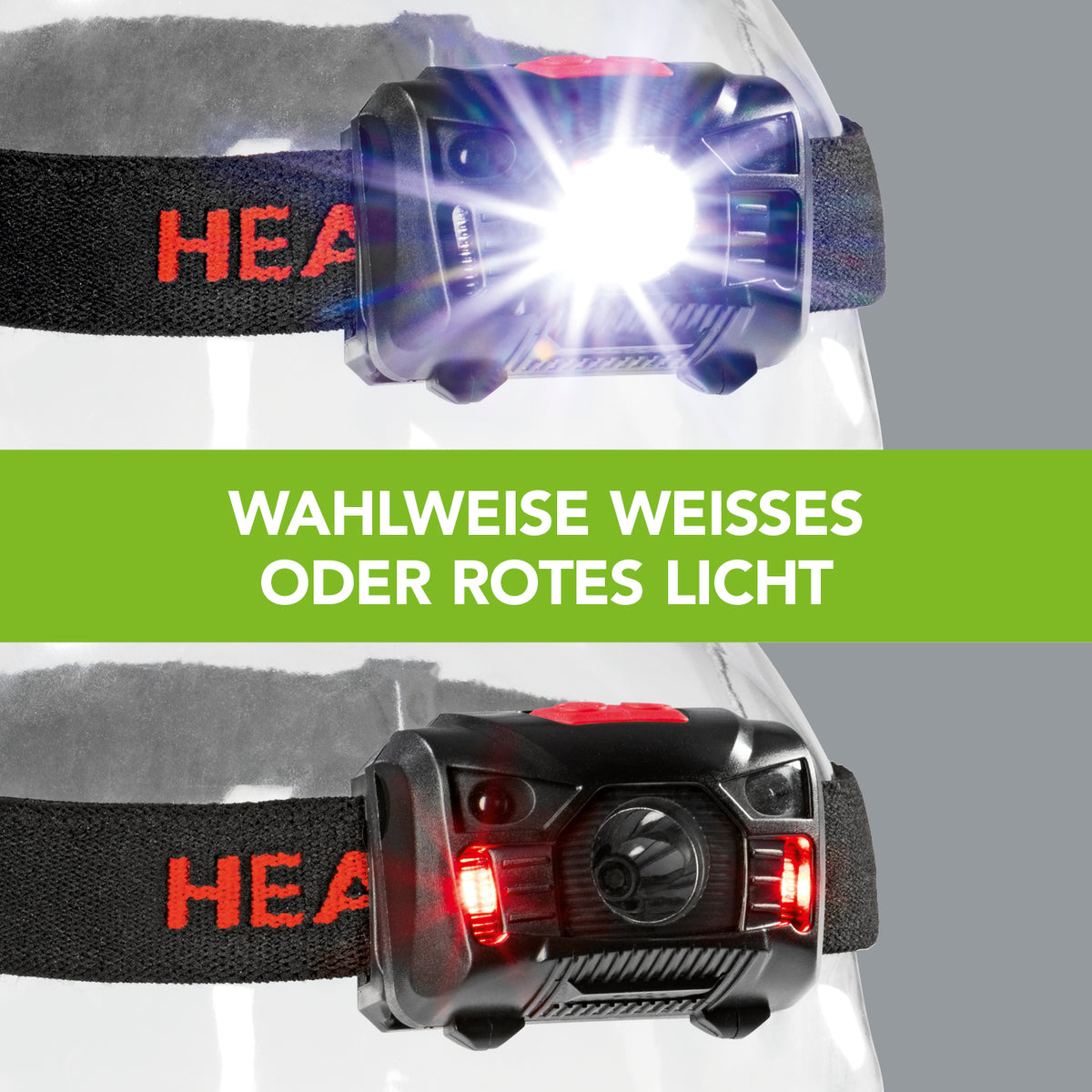 Stirnlampe schwarz/rot mit aktivierbarem Bewegungssensor und wählbarem weißem oder rotem Licht für optimale Sicht